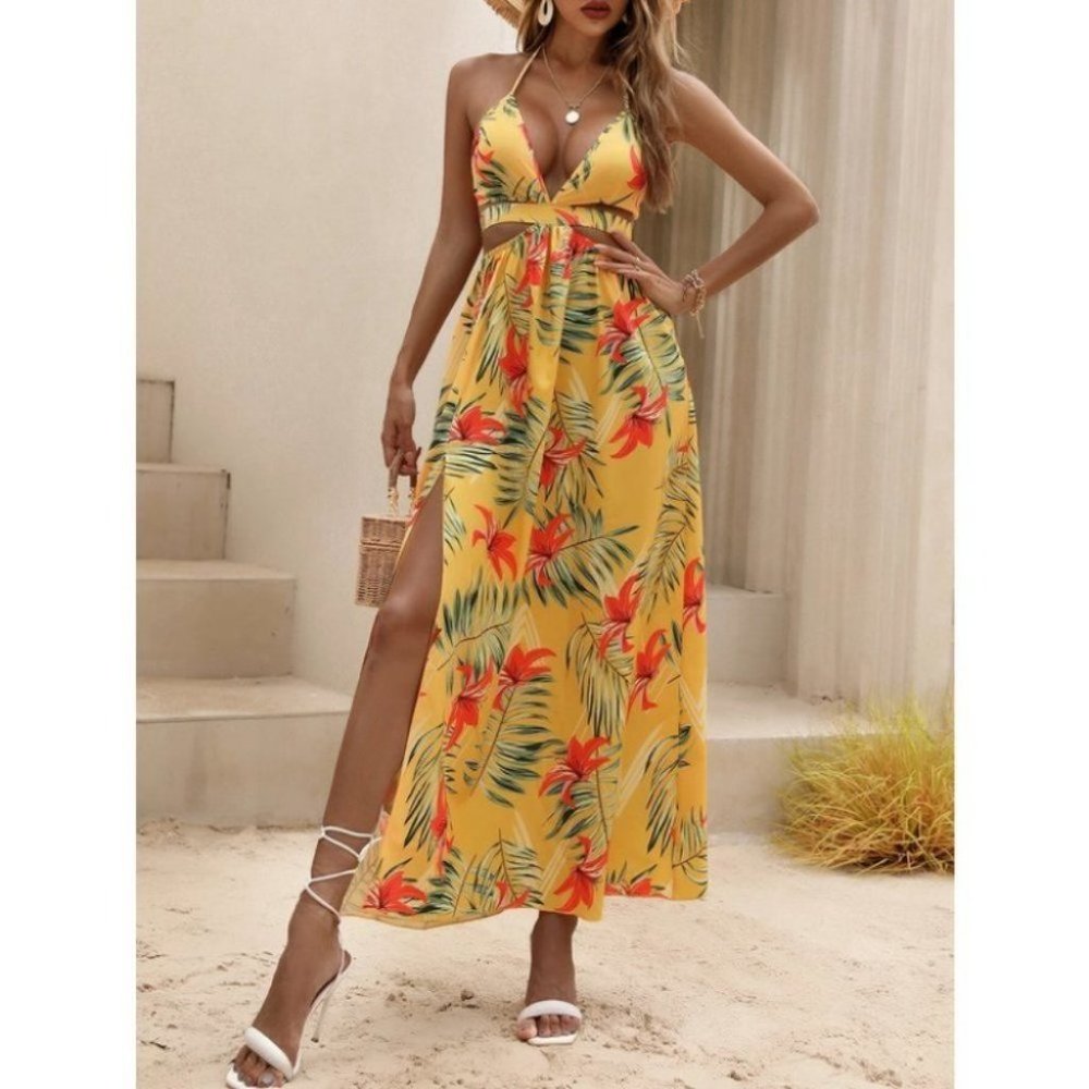 Yellow Tropical print Maxi dress with thigh slit - Picture 4 of 10